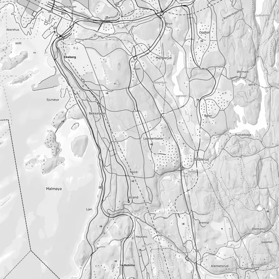 Kart over Oslo sør og øst med strøkene Nordstrand Rør dekker