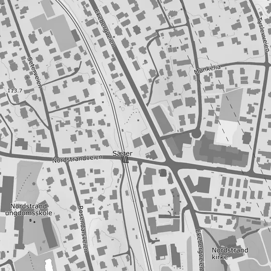Kart over Sæterkrysset på Nordstrand. Ekebergveien 233 er merket av der Ekebergveien krysser Nordstrandveien, like ved holdeplassen Sæter.